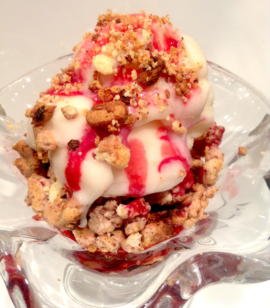 High Protein White Chocolate & Raspberry Quest Bar Crumble with Wheyhey Ice Cream